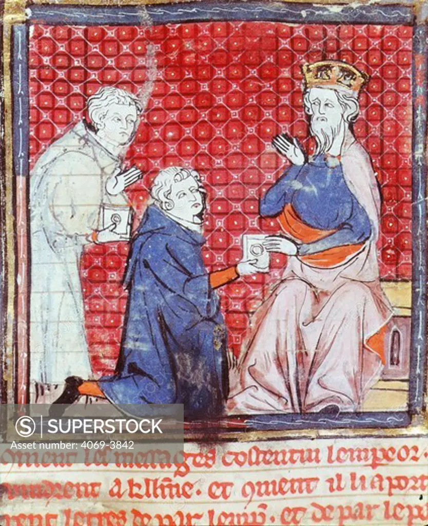 Messengers relaying to CHARLEMAGNE, 742-814 Frankish King, news of victory against the Saracens, folio 117R of 14th century French manuscript Great Chronicles of France, Northern School