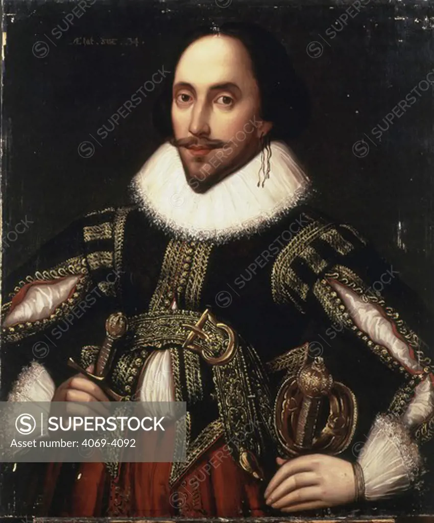 William SHAKESPEARE, 1564-1616 English playwright, aged 34, (copy of anonymous portrait in Hampton Court) (MV 3353)