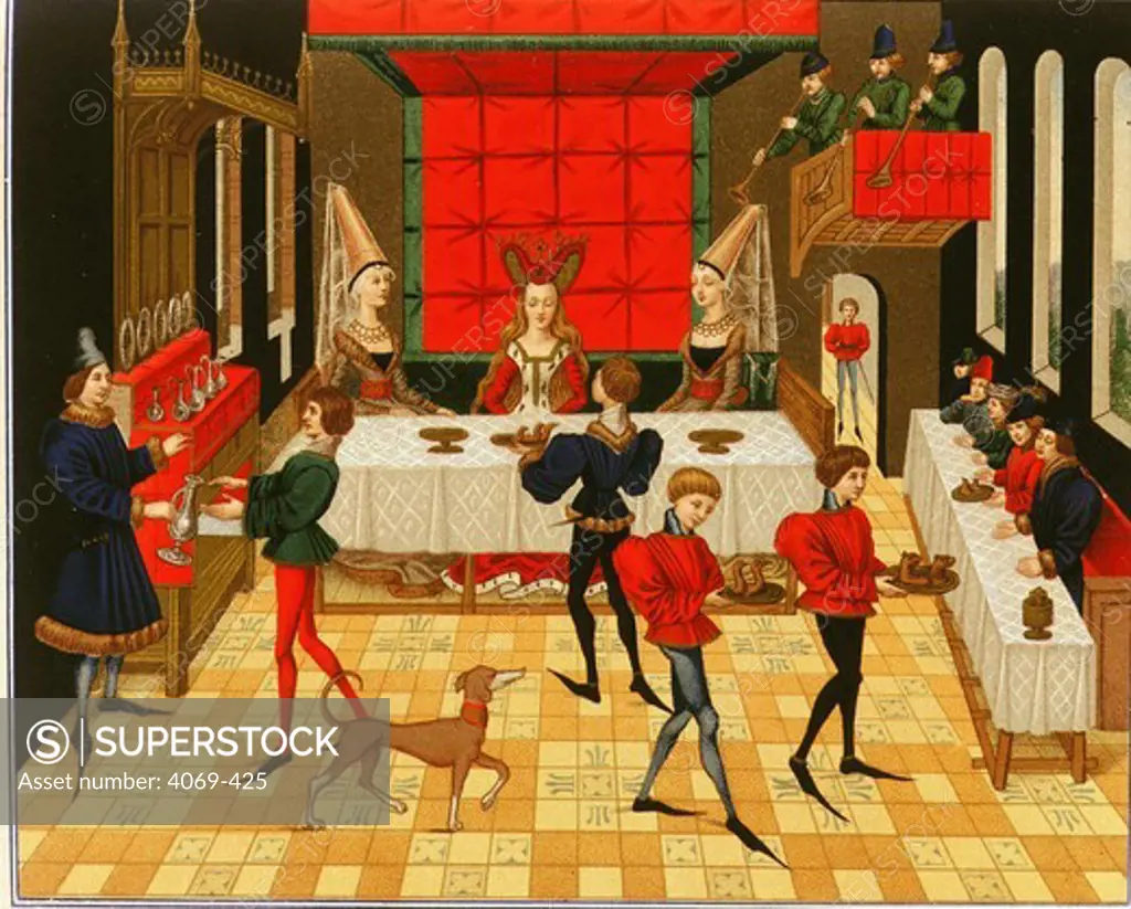 Servants at dinner of chatelaine, or lady of manor with trumpeters in gallery, from Roman of Reynaud de Montauban, 15th century, French