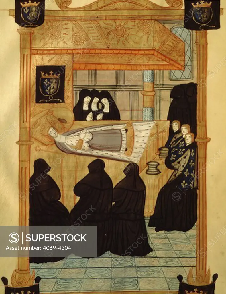 ANNE, 1477-1514 Queen of Brittany, on her deathbed, from manuscript of Funeral of Anne of Brittany