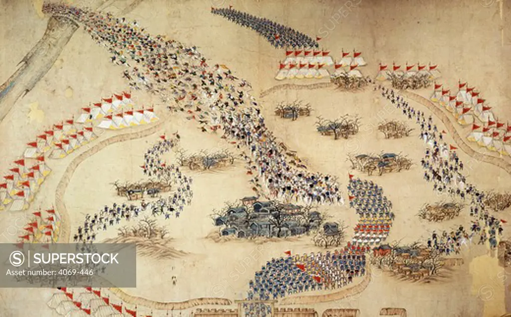 Taiping Rebellion, contemporary painting of Imperial Chinese troops putting the rebels to flight at Tai Ping fort, Tientsin, c. 1850