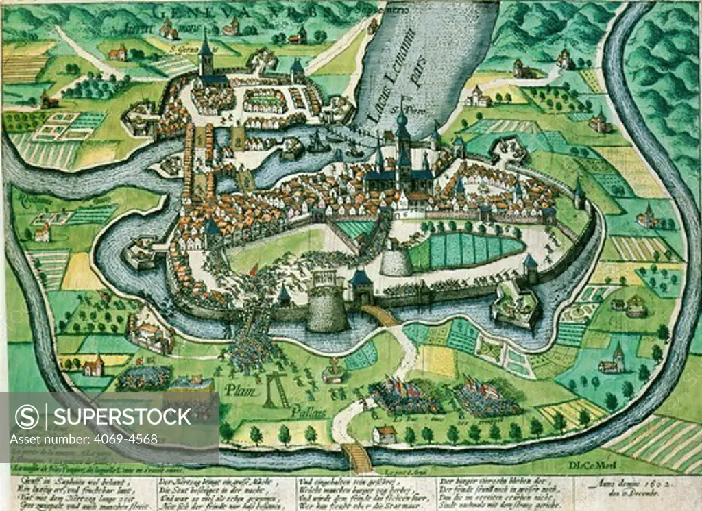 Scaling of walls of Geneva, Switzerland, by armies of Duke of Savoy, 11 December 1602 engraving by Hogenberg, late 16th - early 17th century