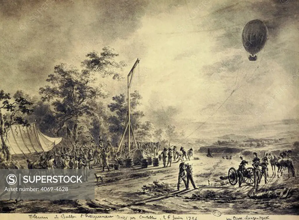 Battle of Fleurus, 26 June 1794 (French under Jourdan defeated the Austrians in a decisive battle (1794) of the French Revolutionary Wars), with military balloon L'Entrepreneur commanded by Coutelle, engraving