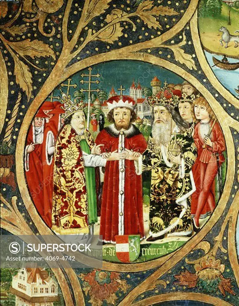LEOPOLD VI the Glorious of Babenberg, 1198-1230 Duke of Austria, reconciling the Pope and Frederick II, Holy Roman Emperor, in the Peace of San Germano, 1230, from Family Tree of the House of Babenberg, 1489-92 triptych (detail)