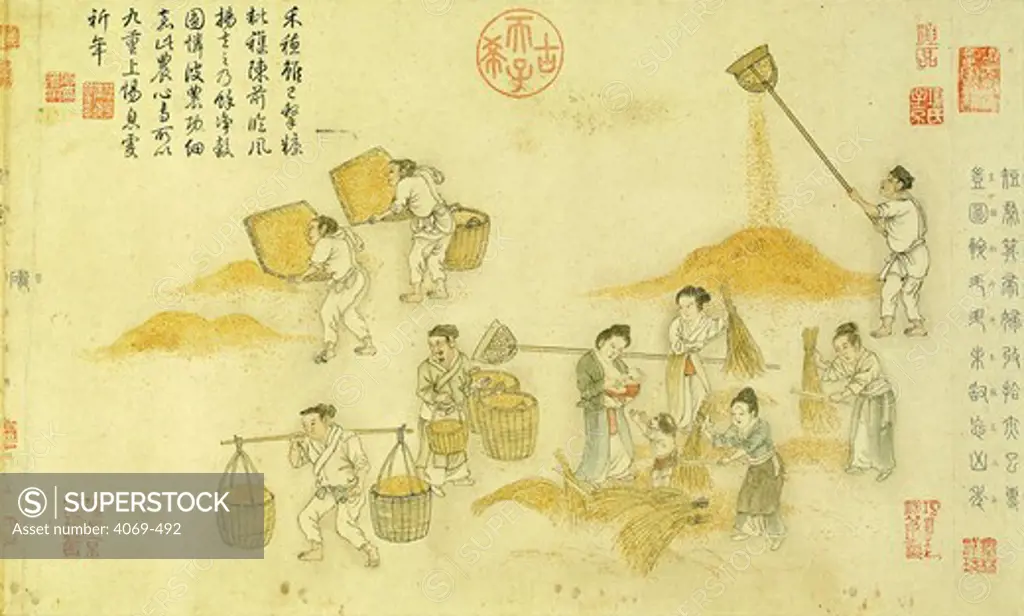 Rice farming, threshing, winnowing and sorting, attributed to Cheng Chi, Yuan Dynasty, 13th - 14th century AD, China