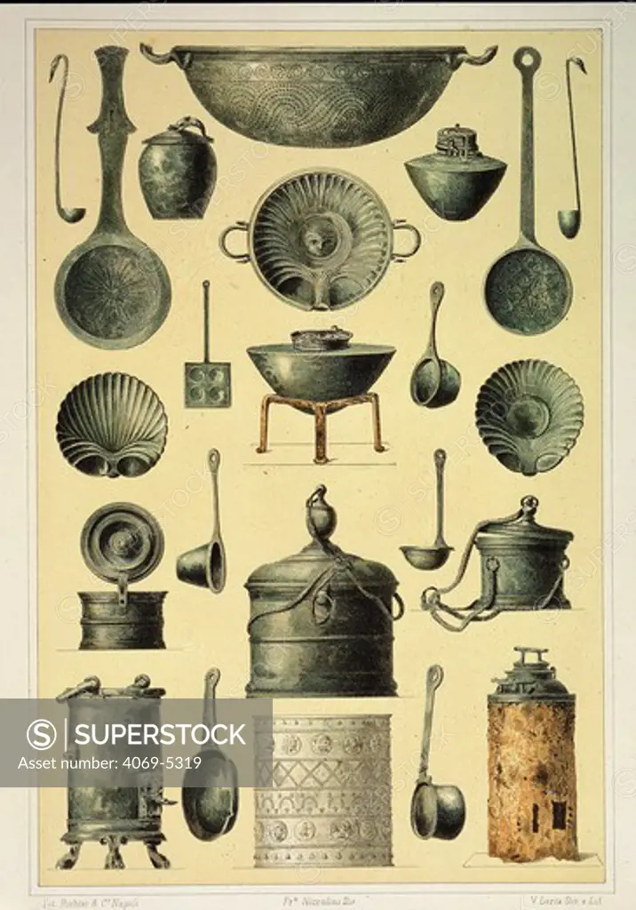 Kitchen utensils, Roman, engraving from 1854-90 Le case ed i monumenti di Pompei (houses and monuments of Pompeii, Italy) by brothers Fausto and Felice Niccolini