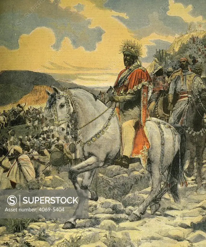 Negus MENELIK II, 1844-1913 Emperor of Ethiopia (Sahle Mariam) at Battle of Adwa (Ethiopian victory over Italian invaders), 1898 engraving from French publication Le Petit Journal (after painting by Paul Buffet)