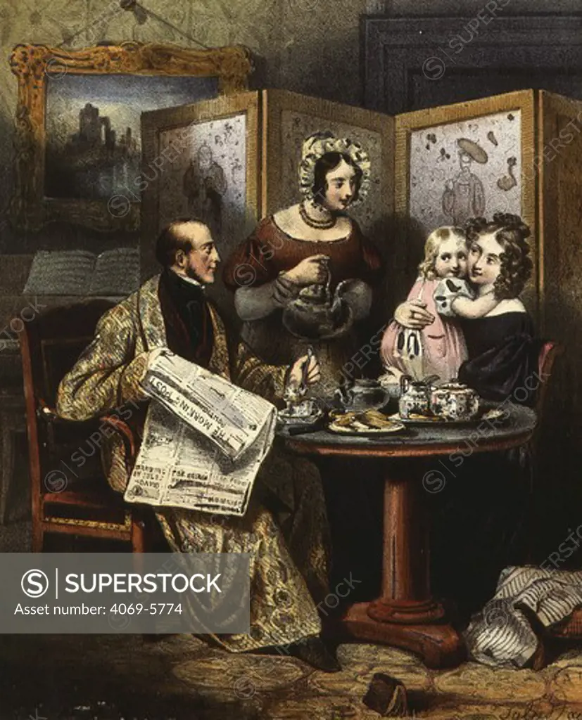 English bourgeois family having tea, engraving, 19th century