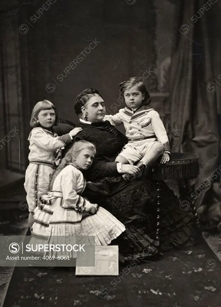 Duchess of TECK with children Mary, 1867-1953, (later wife of George V, 1865-1936, King of England), Adolphus and Francis of Teck, 19th century photograph