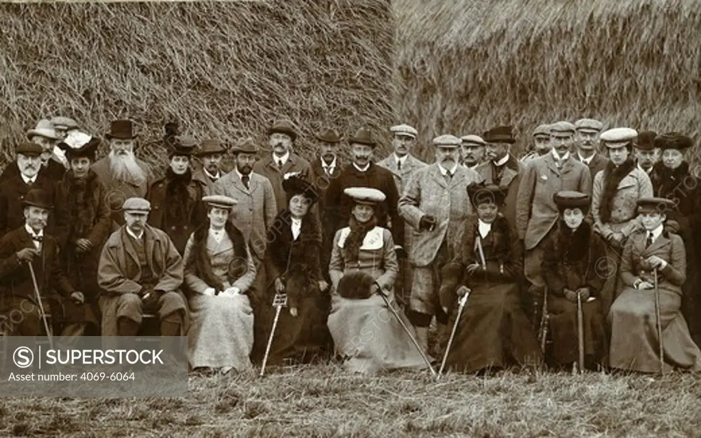 Royal shooting party at Sandringham, Norfolk, during visit of Kaiser Wilhelm II of Germany, 1859-1941, (party includes George V, Edward VII, George VI), November 1902, photograph