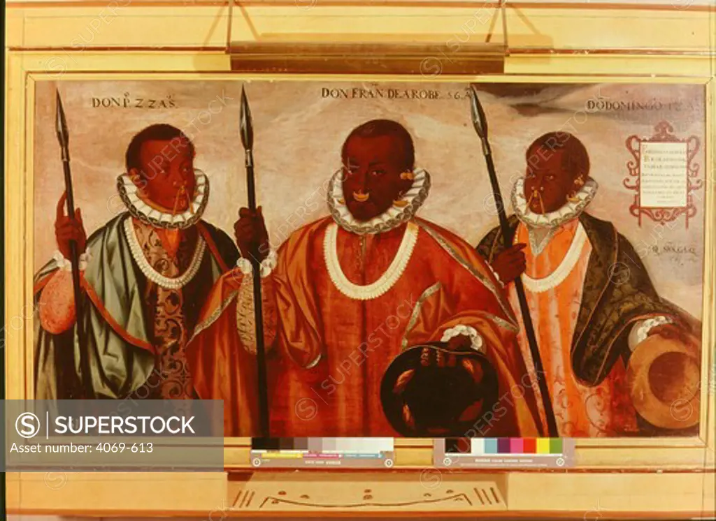 Three mulatto cavalrymen of Esmeraldas in European dress from Quito Equador, 1599, by Adrian Sanchez Galque