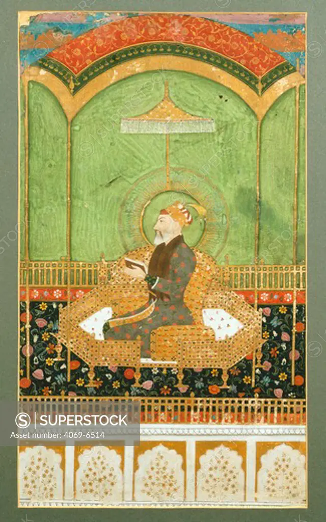 Shah JAHAN, Khurram, King of the World, 1627 - 1658, who built the Taj Mahal for his wife, sitting reading on peacock throne, Moghul miniature, 17th century, India