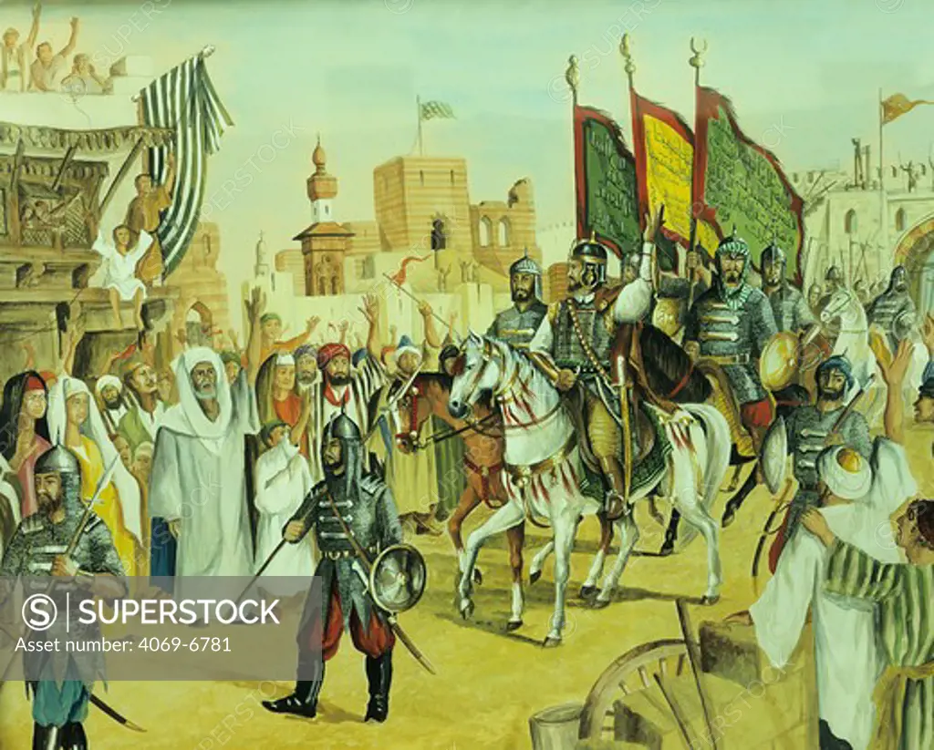 SALADIN, c. 1137-93, Kurdish Muslim, founder of Ayyubid dynasty, Enters Jerusalem in October 1187, painting, 20th century