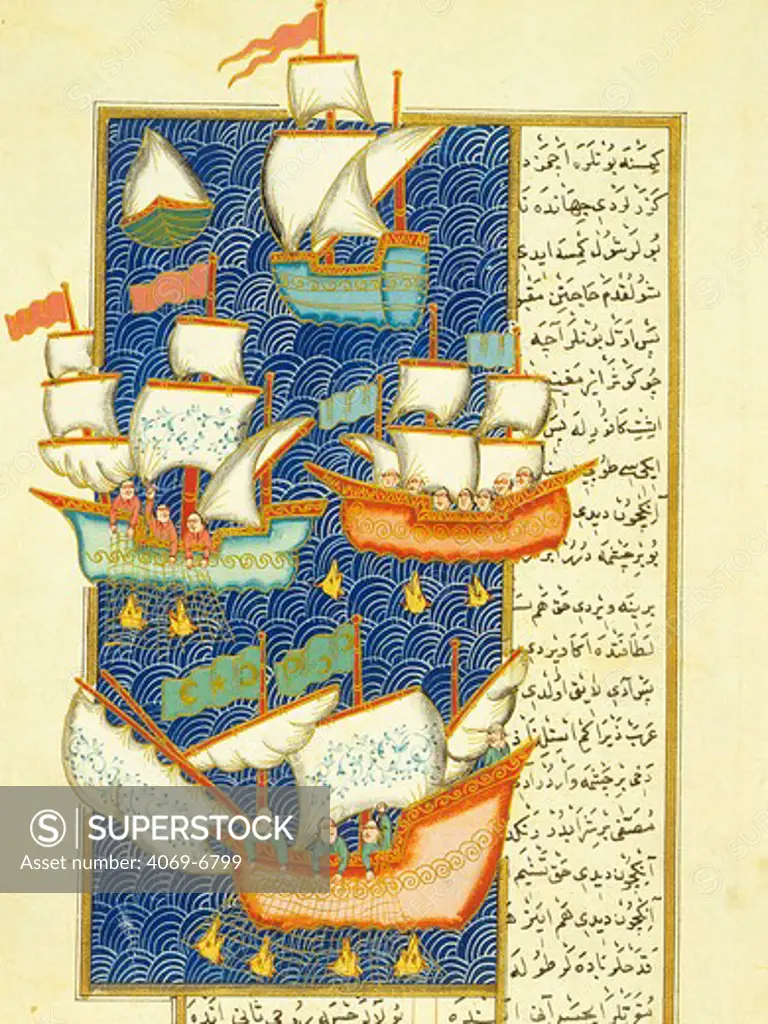 Fishermen at sea on large sailing ships, 16th century, Ottoman miniature of the Anatolian School