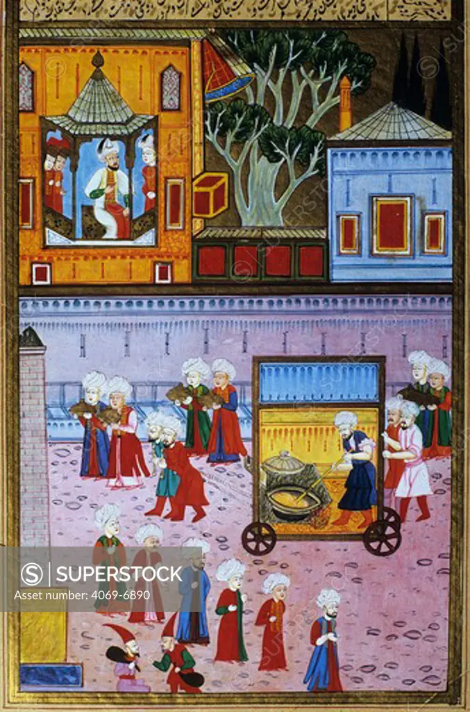 Retinue of travelling cooks, celebrations given by Sultan Murad III, 1546-1595, for 52 days and nights at the Hippodrome square in Istanbul, miniature from Surnamne-i Humayun manuscript, 1582