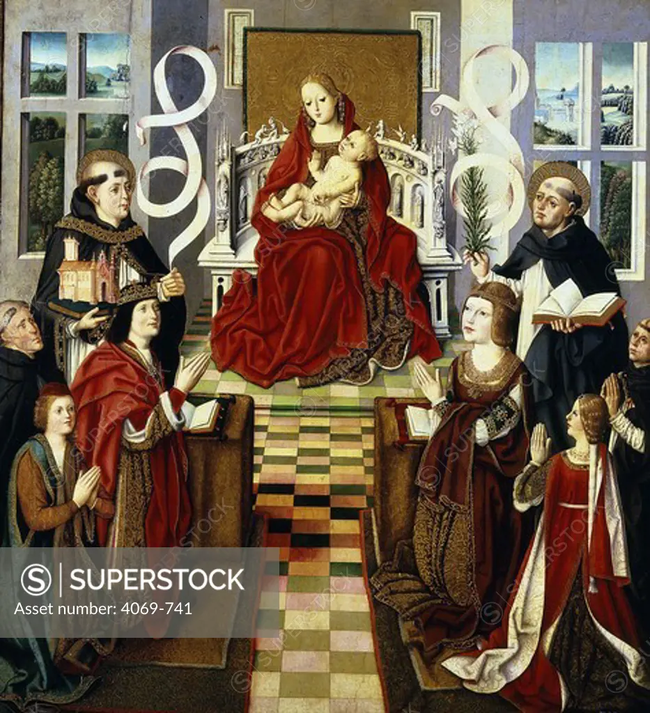 The Virgin of the Catholic Kings Ferdinand and Isabella, 1490, 123x112cm. On the left, behind the King, a Dominican identified as Friar Tomçs de Torquemada, 1420-1498, the Inquisitor General