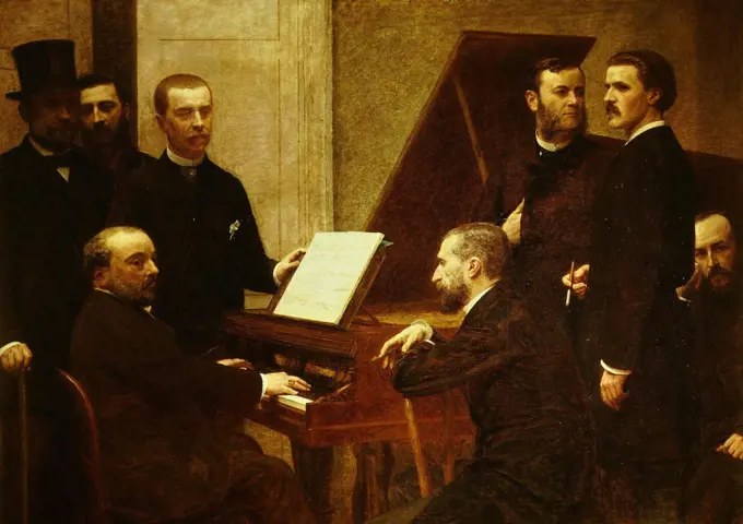 L-R Jullien Boisseau CHABRIER 1841-1894 Benoit Maitre Lascoux around the piano, painted 1885