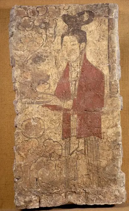 Lady of the court, fresco fragment from tomb, 7th century AD Tang Dynasty Chinese