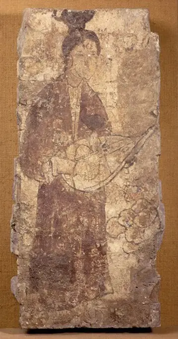 Female musician, fresco fragment from tomb, 7th century AD Tang Dynasty Chinese