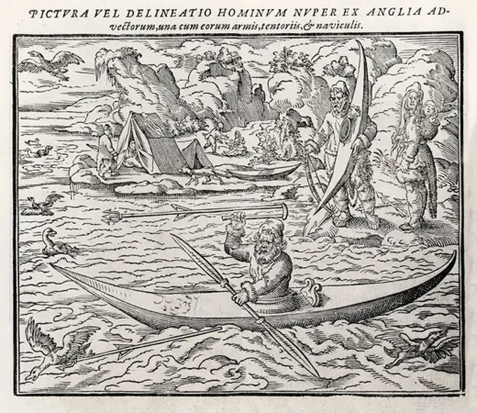 Eskimo hunting sea birds, after John White, from Latin edition of the French translation of A True Report of the Last Voyage into the West and Northwest Regions, description of Frobisher 2nd voyage seeking northwest passage to Asia, 1580, by Dionyse Settle