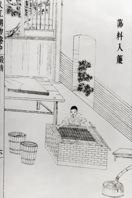 Paper making with a mould, Chinese woodblock print, 19th century