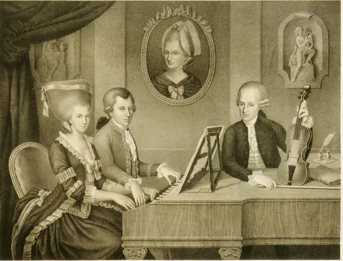 Family of Wolfgang Amadeus MOZART, 1756-1791 Austrian composer, at the piano,19th century engraving of a 1780 painting by G. Napomuceno showing him and his sister Maria Anna at the piano, and their father Leopold with the violin.