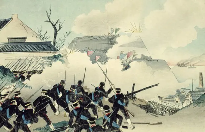 Japanese attack on Chinese, whose flags are flying on the hill, in Manchuria, 1894 (Sino-Japanese War, 1894-5)