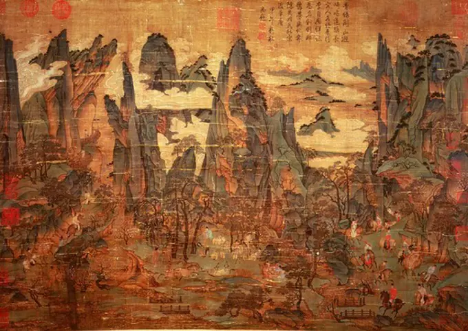 Emperor Ming Huang's Journey to Shu, silk handscroll, 11th century, Song dynasty, China. Anonymous copy of 10th century T'ang period painting by Li Zhaodao