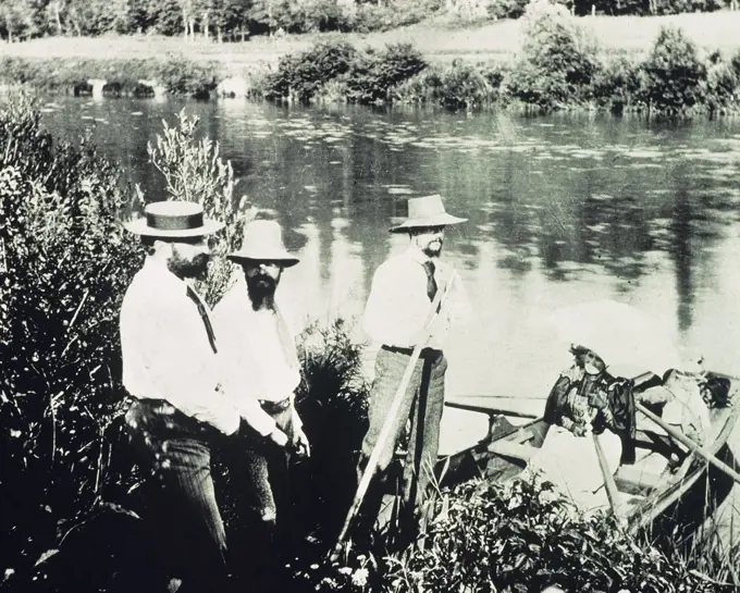 Claude DEBUSSY, 1862-1918, composer, photographed with friends on the banks of the Marne, May-June 1893