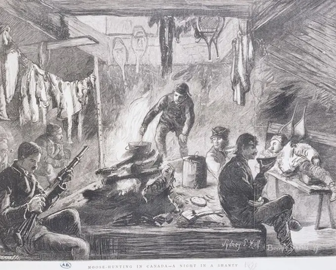 Moose Hunting in Canada, A Night in a Shanty, scenes of the life of trappers, 1873-9, engraving, Canada