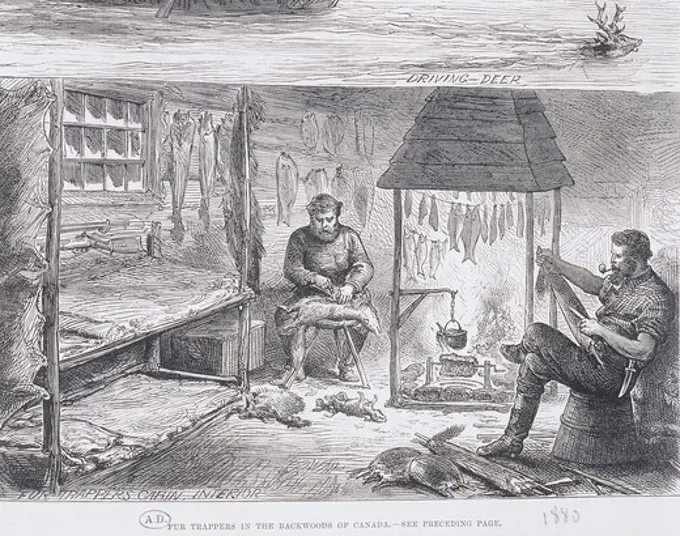 Interior of trappers' cabin, scenes of the life of trappers, 19th century, engraving, Canada