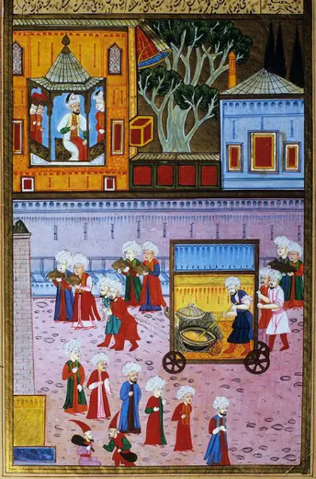 Retinue of travelling cooks, celebrations given by Sultan Murad III, 1546-1595, for 52 days and nights at the Hippodrome square in Istanbul, miniature from Surnamne-i Humayun manuscript, 1582