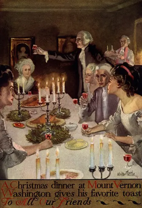 A Christmas Dinner at Mount Vernon with George and Martha Washington at the head of the table, illustration from Colonial Holidays by Walter Tittle, published by Doubleday, Page and Co., 1910.