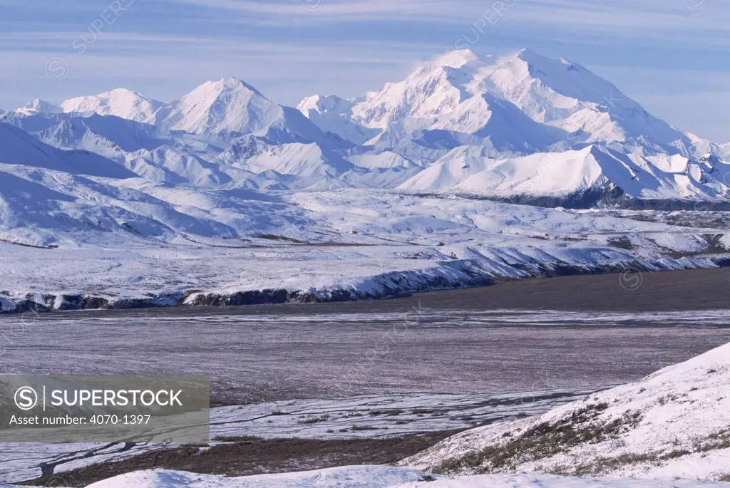 Mount McKinley across tundra plains in winter, Denali NP, Alaska, USA