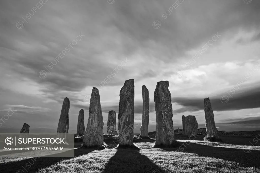 Callanish Stone Circle, standing stones casting long shadows. Isle of Lewis, Outer Hebrides, Scotland, UK. May 2010.