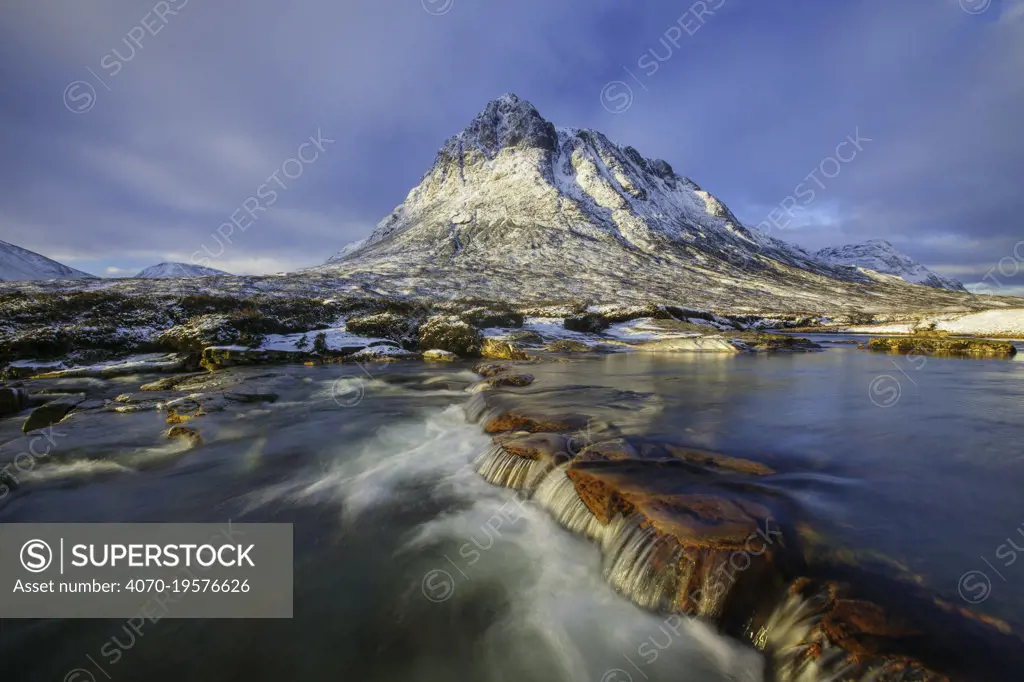 Buachaille Etive Mor viewed across river. Rannoch Moor, Glencoe, Highlands, Scotland, UK. February 2012.