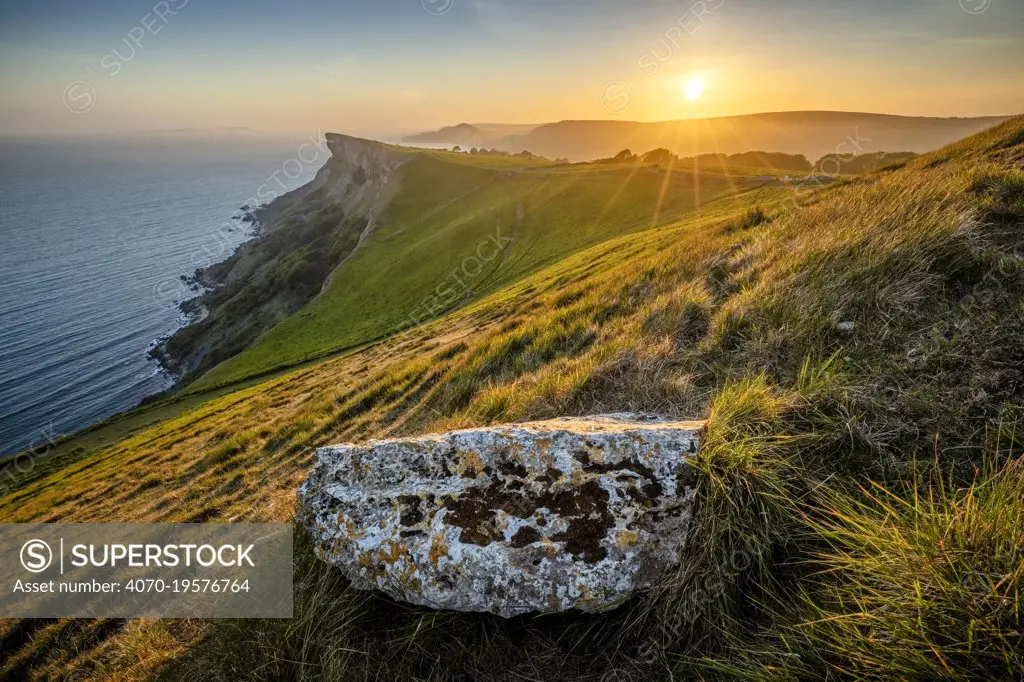 Sunset over Bat's Head from Tyneham Cap, Isle of Purbeck, Jurassic Coast World Heritage Site, Dorset, England, UK, May.