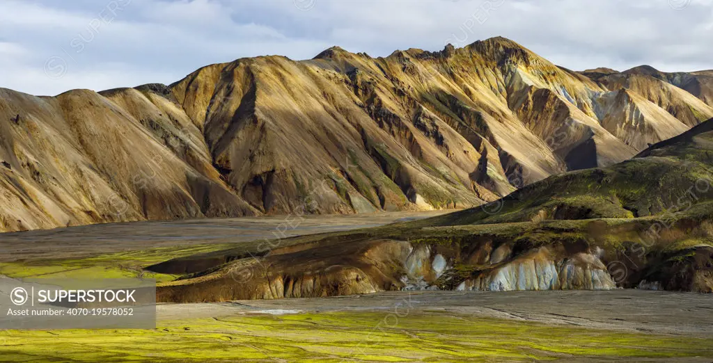 Rhyolite mountain landscape, Landmannalaugar, Iceland.October 2017. Digitally stitched panorama.