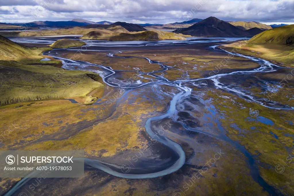 Aerial view of river in Landmannalaugar.  Iceland. October 2017