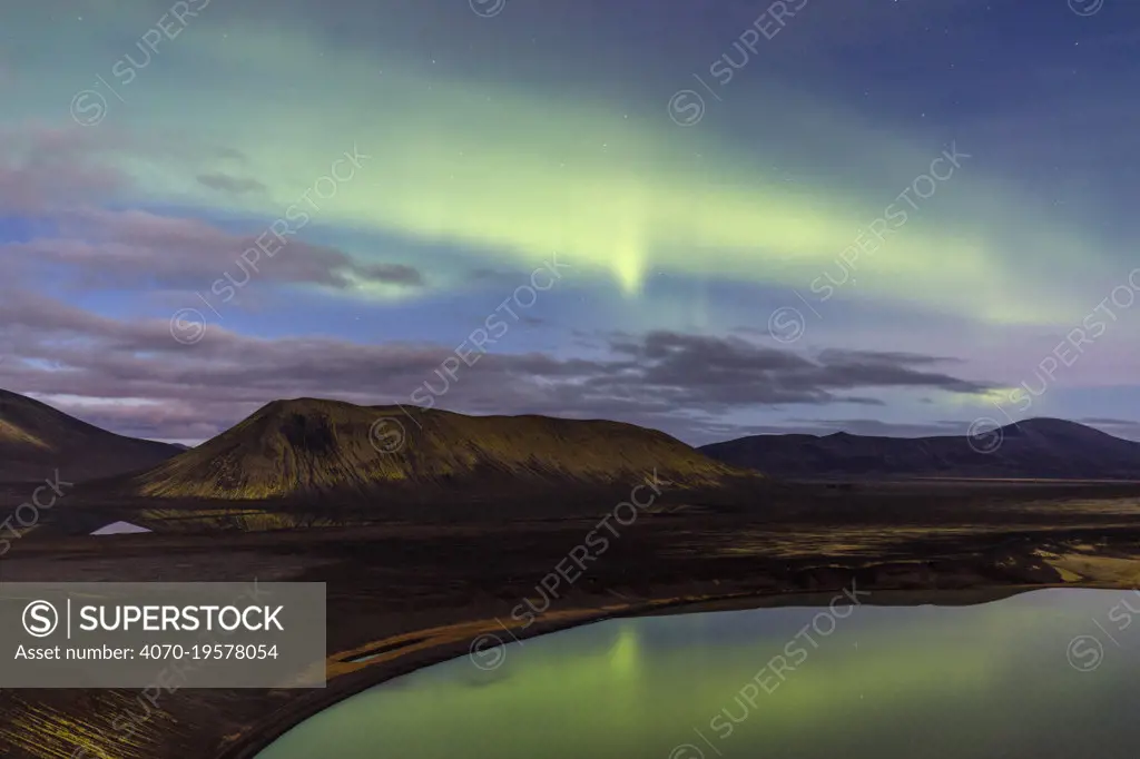 Northern lights (Aurora Borealis) over the Blautaver lake, Southern Iceland. October 2017