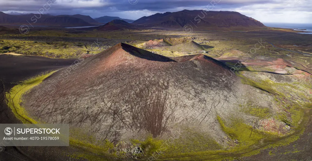 Berserkjahraun, a 4000-year-old lava field situated on the Snaefellsnes peninsula, Grakula Scoria Crater, Iceland, October 2017