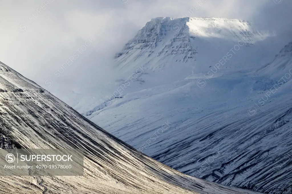 Mountains with snow in the area of Holar, Iceland. October.