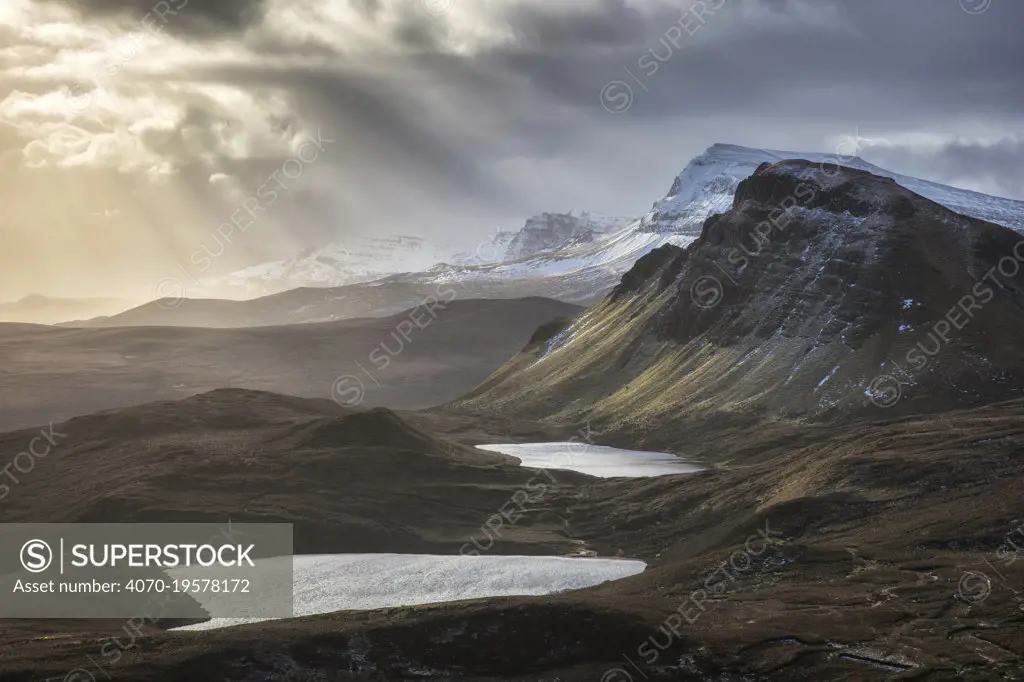 The Trotternish Peninsula with Loch Cleat and Loch Leum na Luirginn from Quiraing, Isle of Skye, Scotland, UK, February 2018.