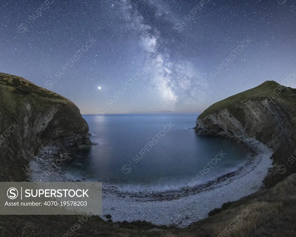 Milky Way and Mars over Pondfield Cove, Tyneham, Jurassic Coast World Heritage Site, Dorset, England, UK, August.