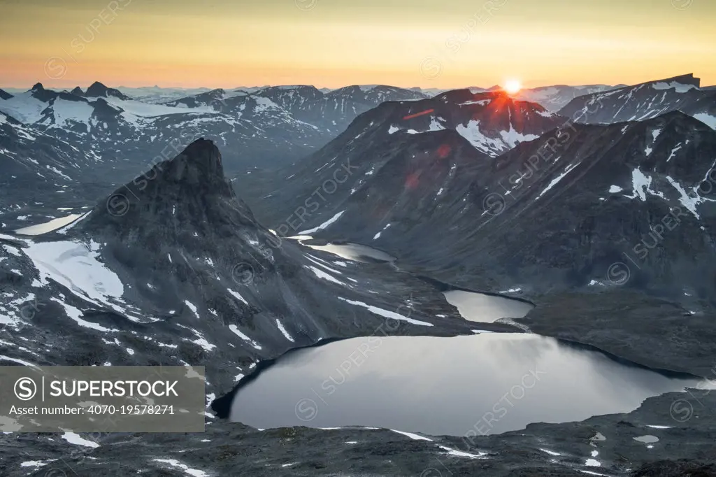 Mount Kyrkja at sunset, viewed from Visbretinden, Jotunheimen National Park, Norway, July.