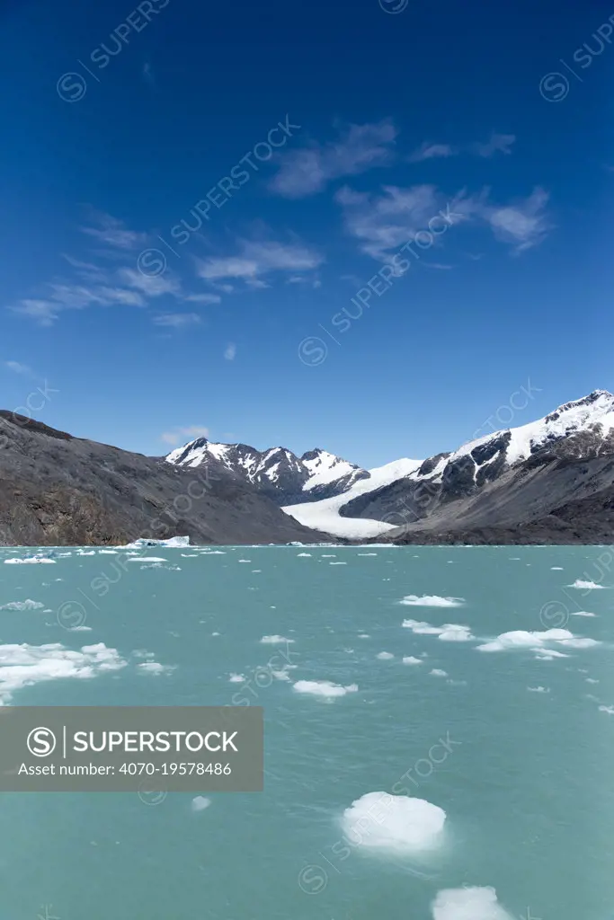 Chico Glaciers, these glaciers are receding with global warming, O'Higgens Lake, Bernado O'Higgens National Park, Chilean Patagonia. January 2017.