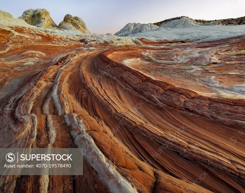 Petrified sand dunes with deeply eroded sinuous striations. Colorado Plateau, Arizona, USA. September 2019.