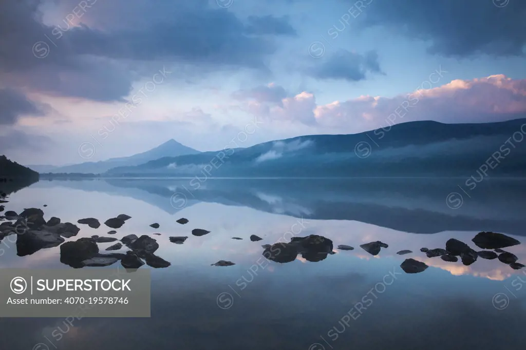 Schiehallion reflected in Loch Rannoch at dawn, Perthshire, Scotland, UK May 2017.