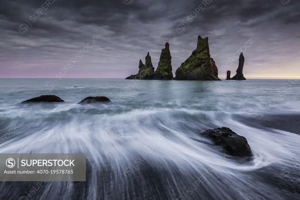 Reynisdrangur stacks with long exposure of waves,, Vik i Myrdal, Iceland, September 2015.