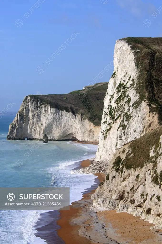 Coastal landscape of the beach at Swyre Head and Bat's Head west of Durdle Door, Dorset, UK February 2013